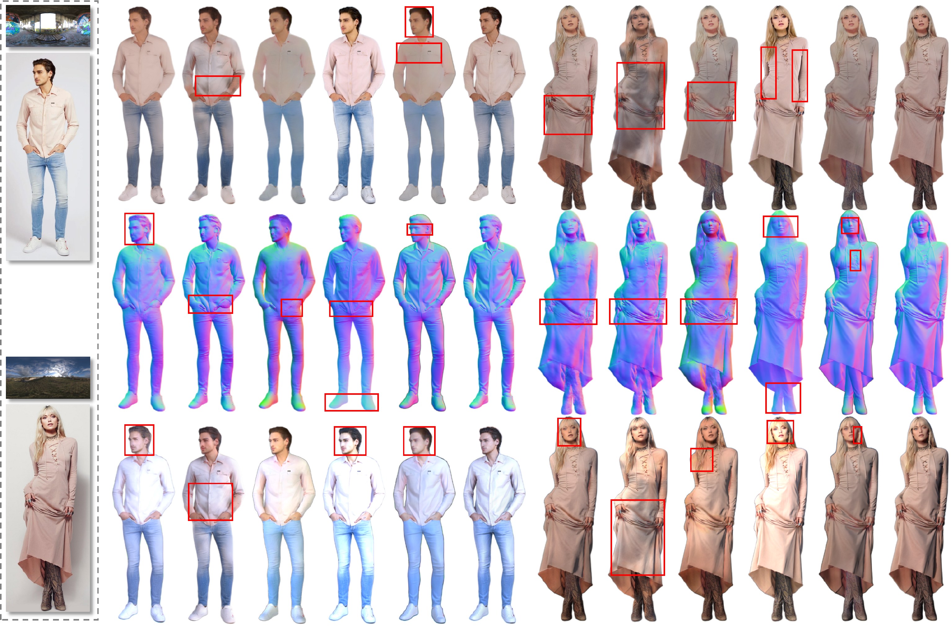 Qualitative material estimation and relighting comparisons on real images across multiple baseline methods and S2R.